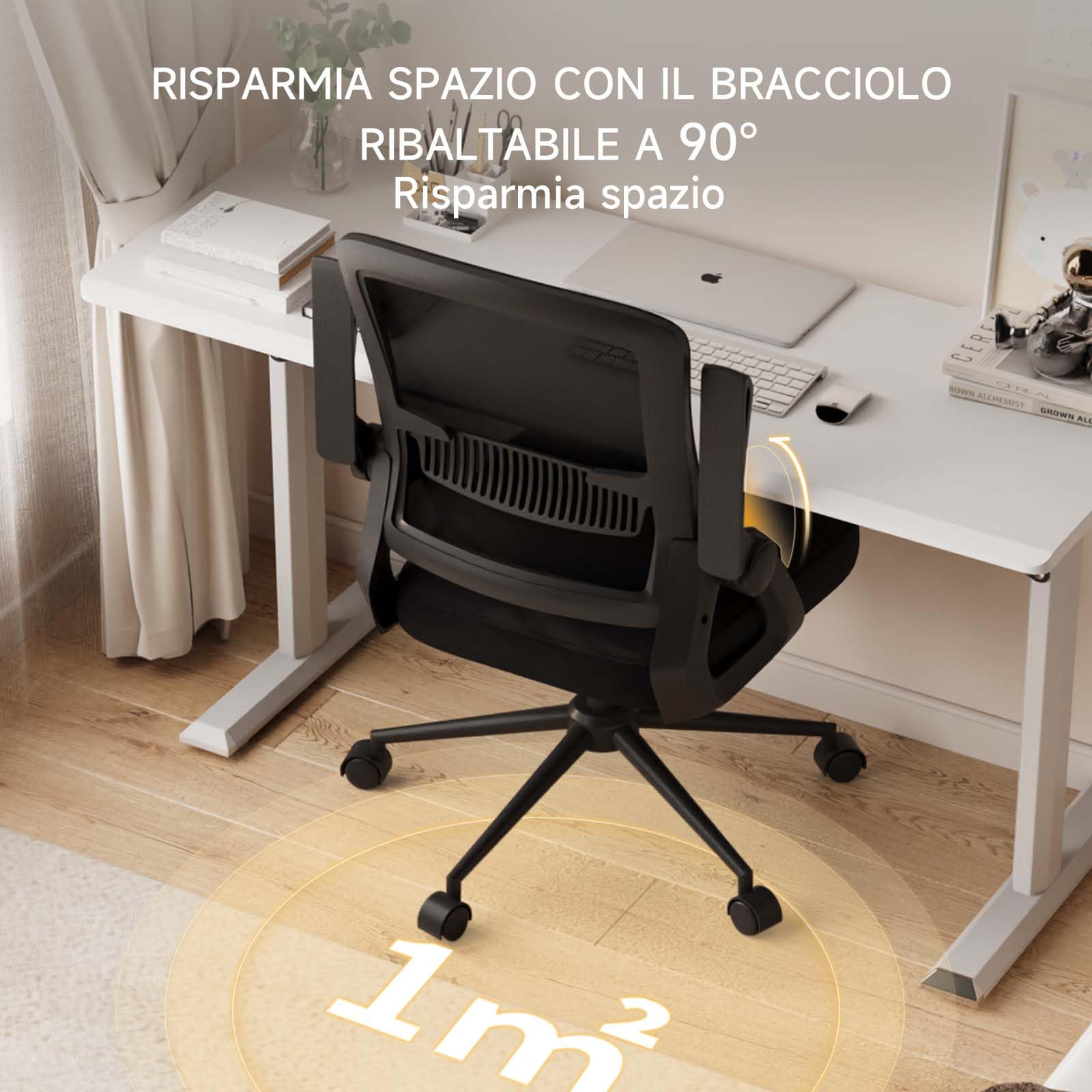 naspaluro Sedia da Ufficio Scrivania Ergonomica, Con Braccioli Pieghevoli, Altezza Regolabile, Seduta e Schienale in Rete Respirante, Girevole con Ruote, Funzione Oscillante Nera