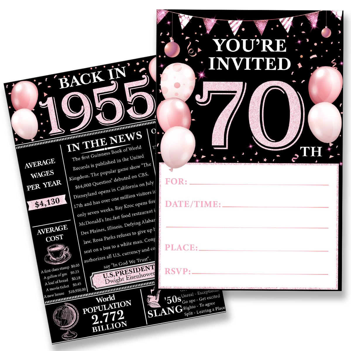 QZJ 70th Birthday Party Invitations for Women Men - Back in 1955 Invites Pink 70 Year Old Birthday Invitations Set (20 Invites and Envelopes)