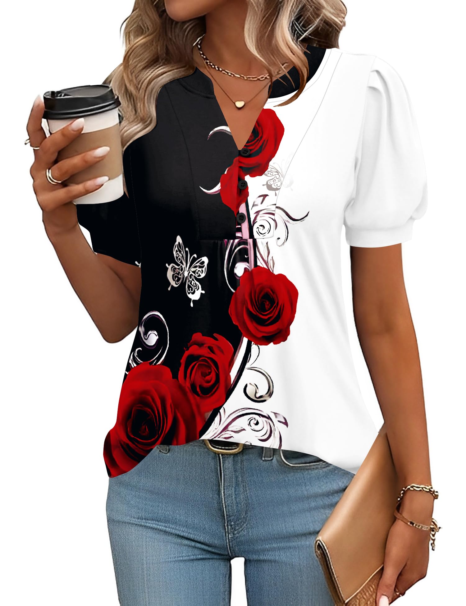 IECCP Womens Tops Puff Short Sleeve Shirts Dressy Casual Henley V-Neck Summer Tops Pleated T-Shirts Loose Fit Tunic Blouses