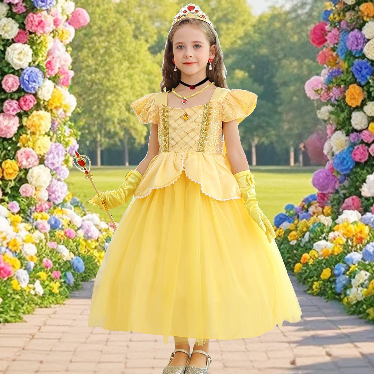 Belle Costume for Girls Yellow Princess Dress up Halloween Birthday Party Cosplay Outfits with Accessories - Image 2