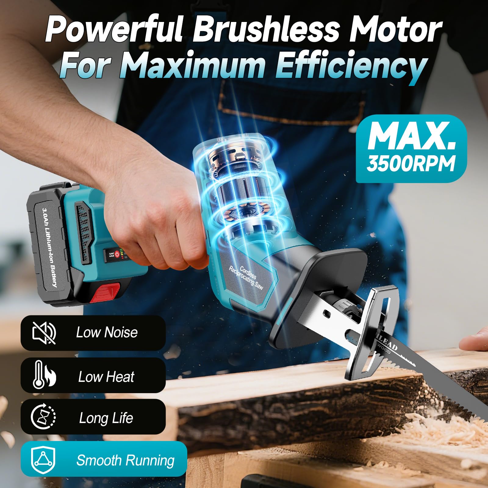 Scie sabre sans fil Compatible avec Batterie Makita 18V, 6 Vitesses Jusqu'à 3500 SPM Scie alternative Electrique avec 2×3.0Ah Batterie, 4 Lame, et Pour Bois et Métal