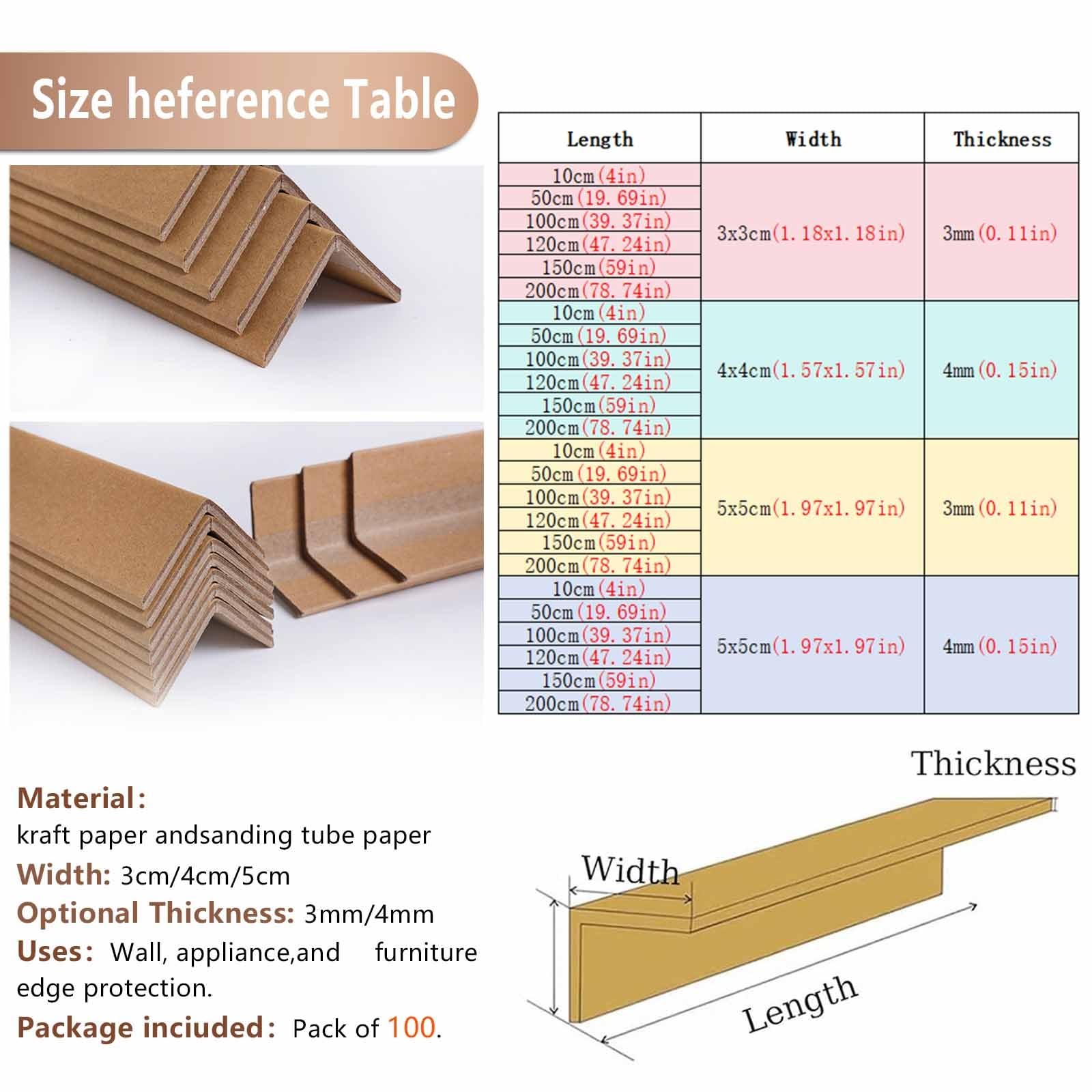 Cornières en Carton pour Emballage, Lot de 100, Protection d'Angle pour Palettes et Boîtes, 10 x 4 x 0.4 cm