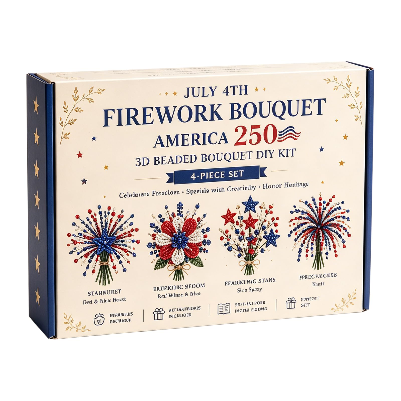 Introti America 250th Beaded Bouquet DIY Kit Multi Purpose 1776-2026 America Independence Day Craft Set Reusable Patriotic Flowers Handmade Craft Sets for Party&Celebration Ornament (A)