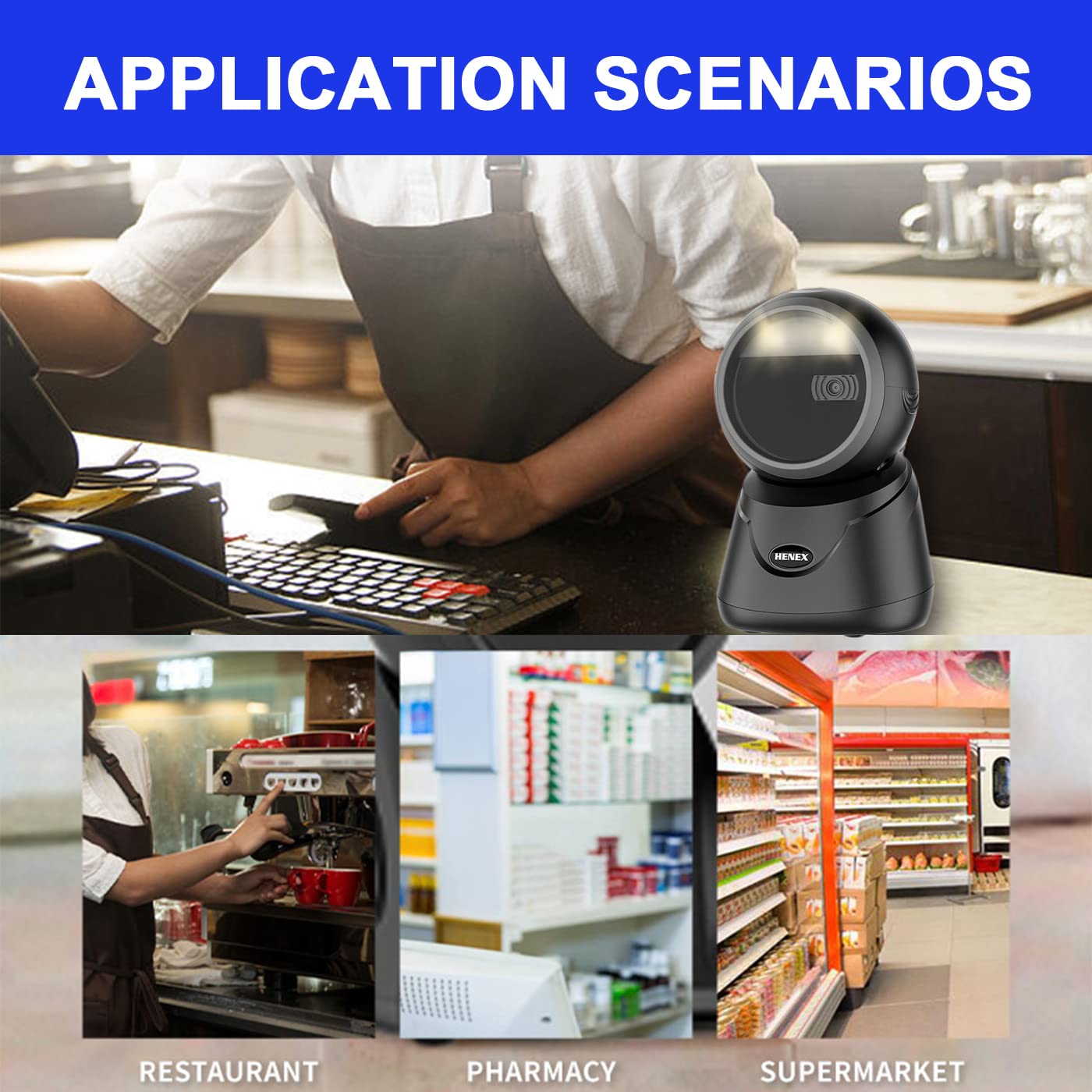 Diagram showing the dimensions of the HENEX HC-6032 barcode scanner: 102mm width, 101mm depth, and 159mm height.