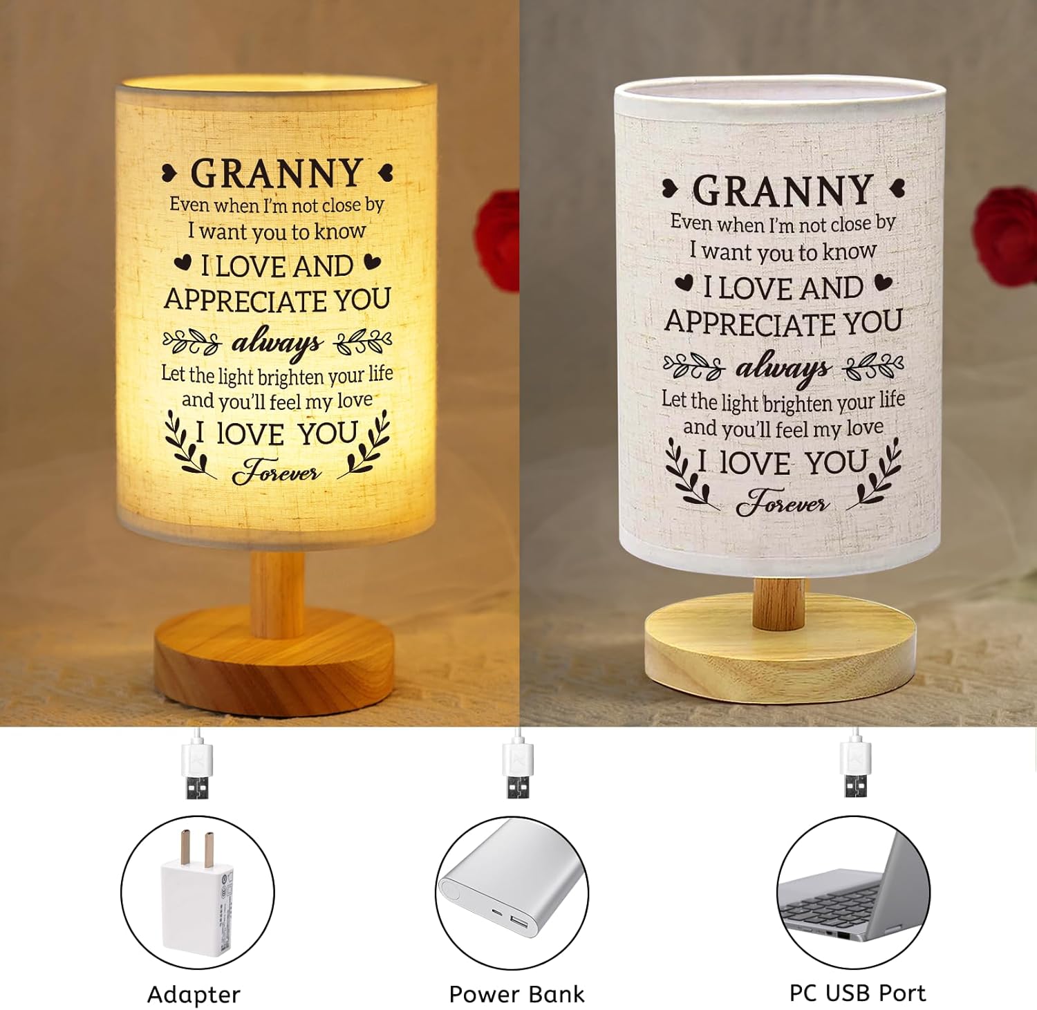 Granny Mothers Day Gifts from Grandkids, Fabric Bedside Table Lamp Presents, Birthday Christmas Valentines Gifts for Granny Grandma Grandmother