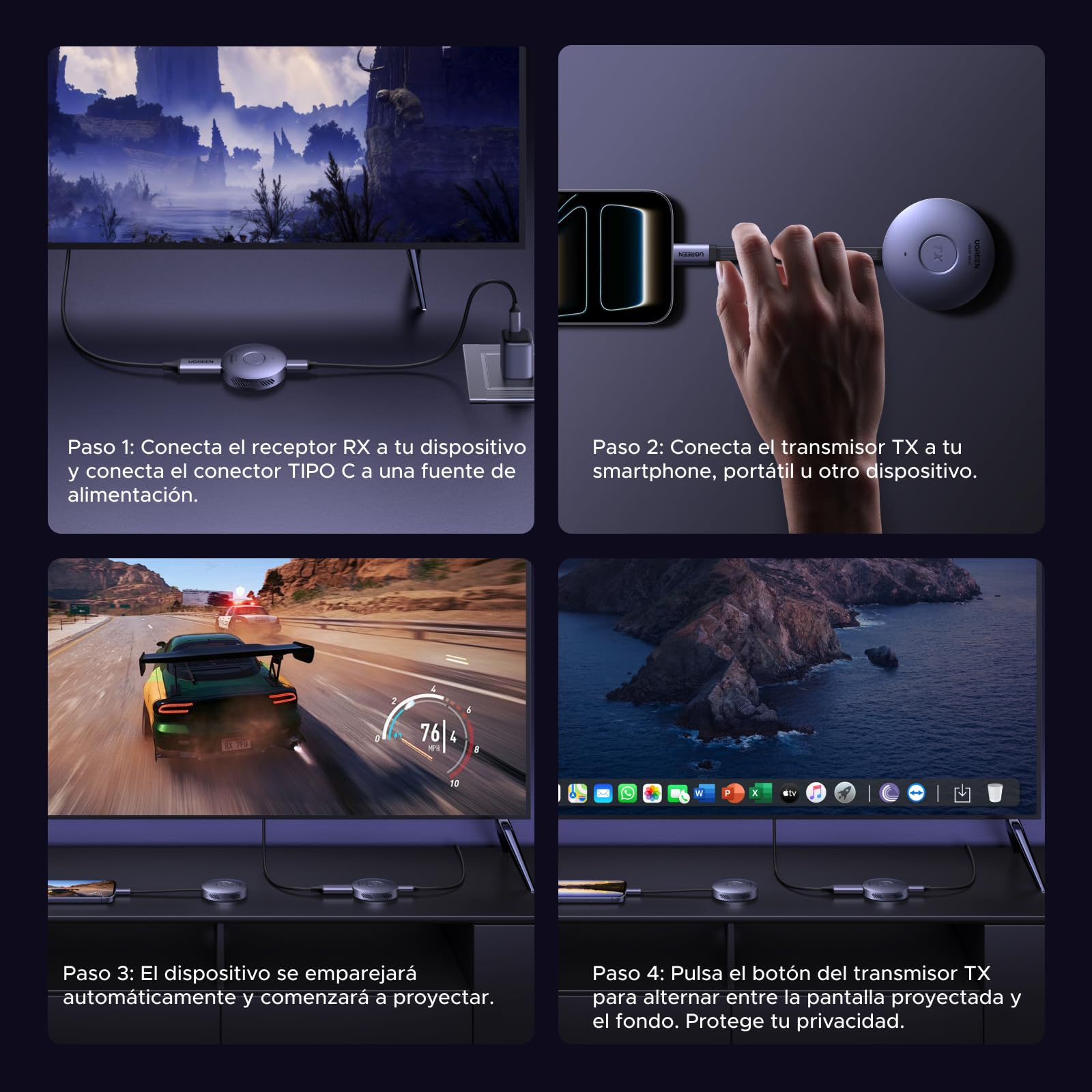UGREEN Trasmettitore e Ricevitore HDMI Wireless USB C TX HDMI RX Magnetico 1080P 60Hz 50M Plug Play 5G WiFi Trasmissione PD 30W Compatibile con iPhone 17 Pro Max Air 16 Macbook Air Pro iPad Monitor