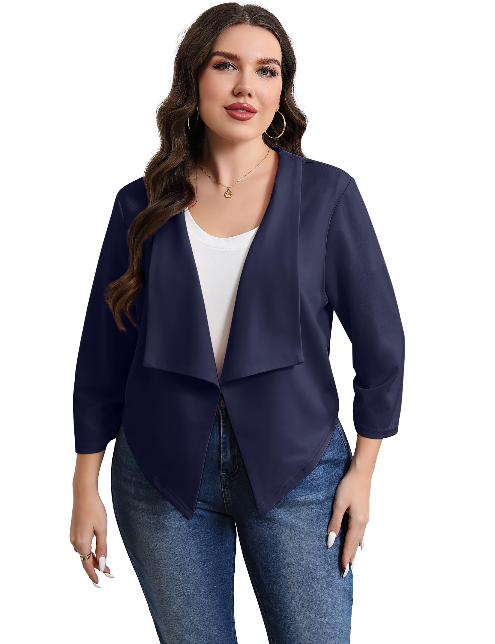 Grande Casual Blazer Open Front 3/4 Gathered Sleeve Work Office Business Size Elegante Cardigan Jackets