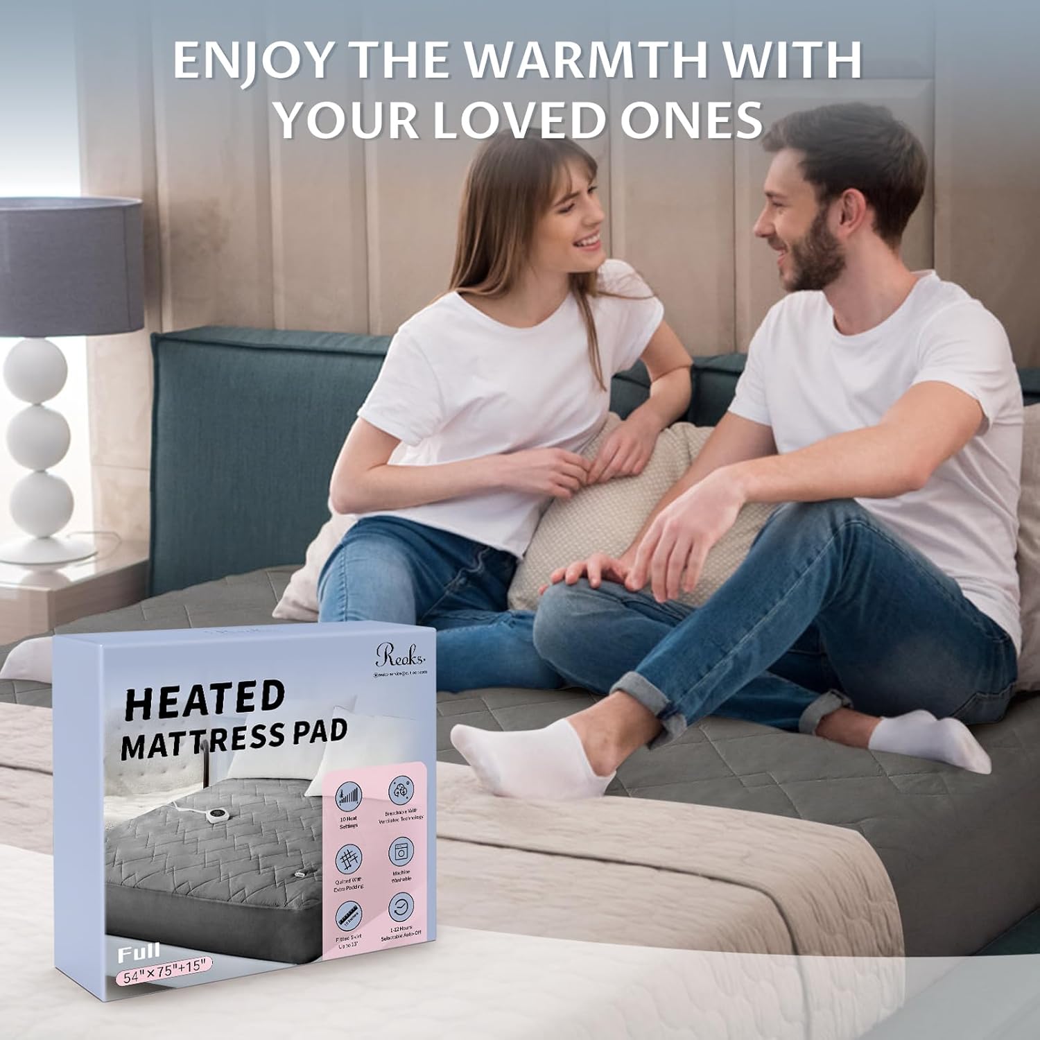 Reaks Electric Mattress Pad Full Size, Quilted Heated Mattress Pad Single Control with 10 Heat Settings, ETL Certified Bed Warmer with Timer for 1-12 Hours Auto Off, Lighted Button, Grey