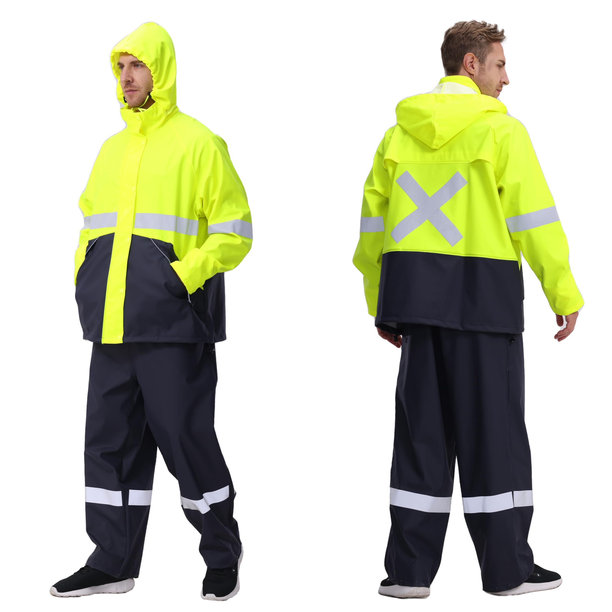 Traje de Lluvia Hombre – PU Resistente Impermeable y duradero con capucha y pantalón de tirantes, ideal para trabajo, pesca, construcción y actividades al aire libre