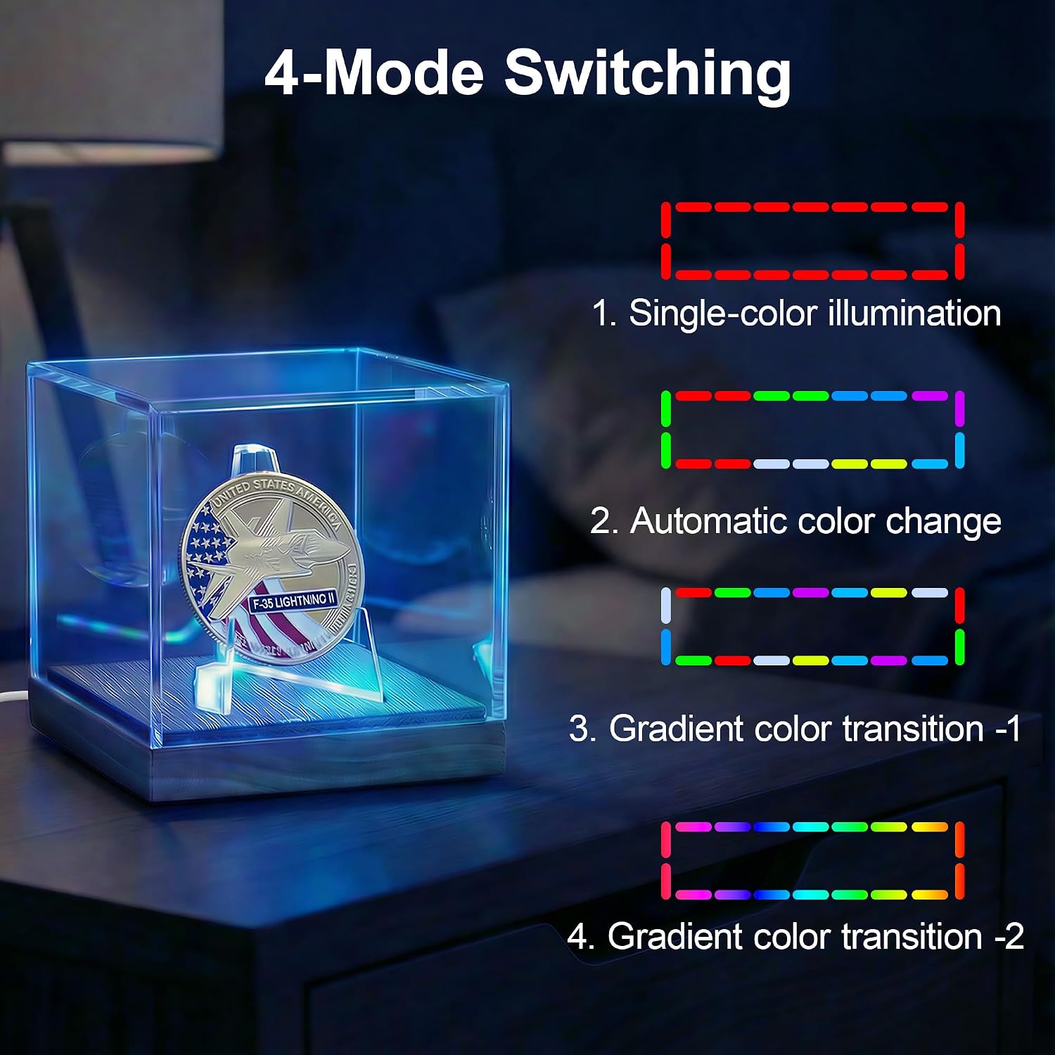 Championship Ring Display Case with LED Light, 4 Lighting Models | 7 Color Light Up Ring Holder, UV Protected Display Case, Wood Base & Clear Acrylic Cover, Ring Display Box for Memorabilia