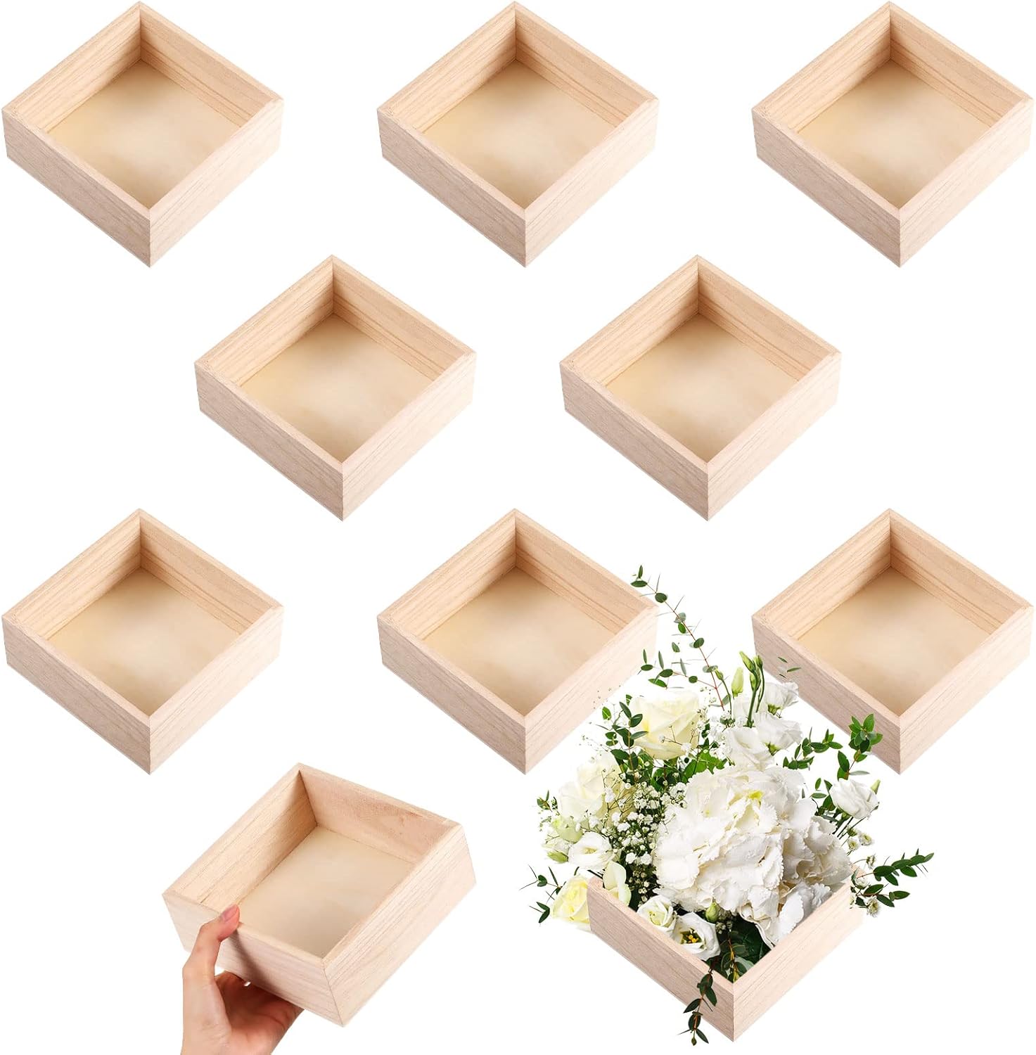 Yookeer 10 Pack Unfinished Wooden Box, 6 x 6 Inch Square Rustic Wooden Box Craft Storage Organizer for Storage, Art Collectibles, Home Decor, Desktop Decor, Plant Pot, Drawer, DIY Craft