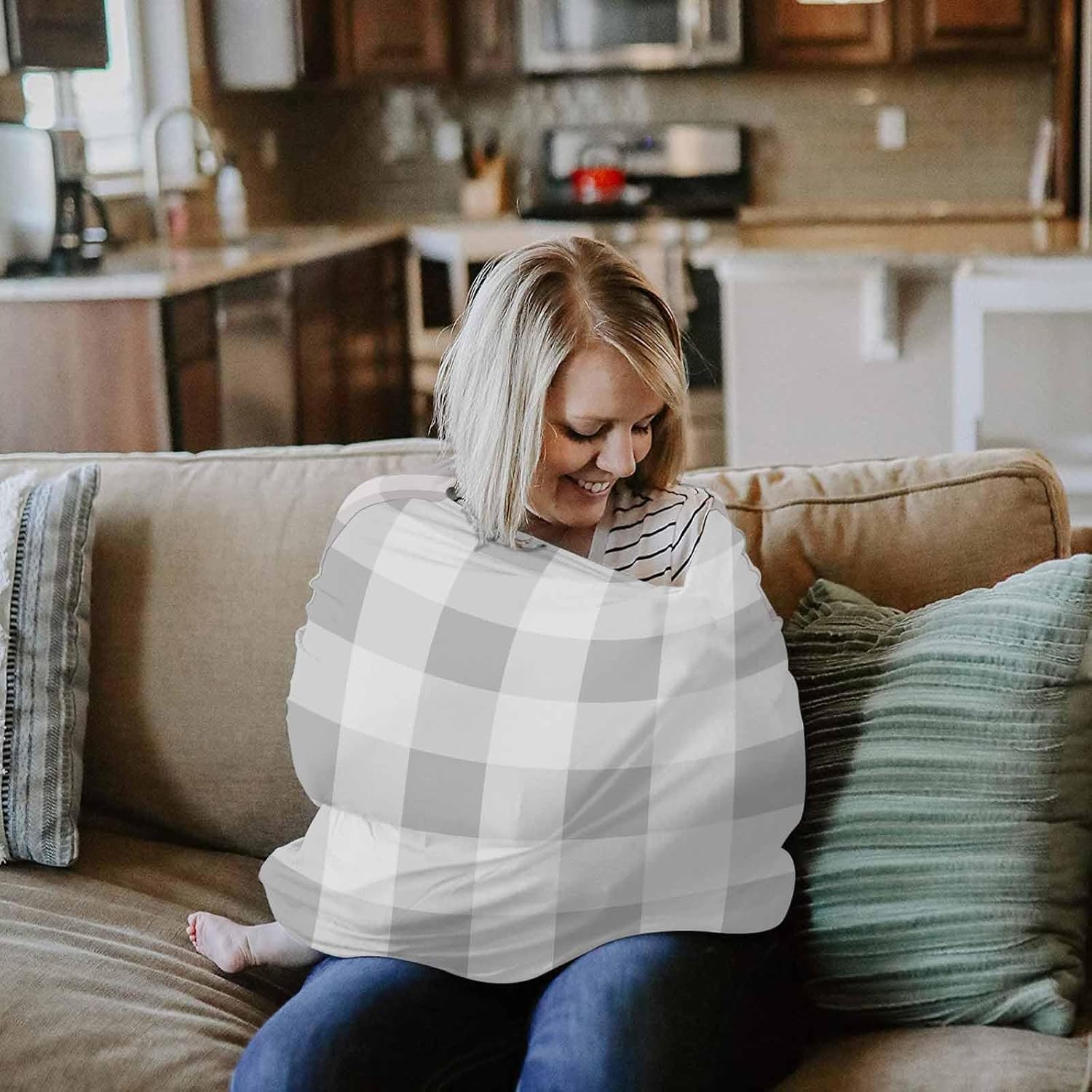 Grey White Plaid Car Seat Covers for Babies, Modern Geometric Minimalist Grid Nursing Breastfeeding Covers Stretchy Breathable Baby Carseat Canopy Cover for Girls and Boys Shower Gifts