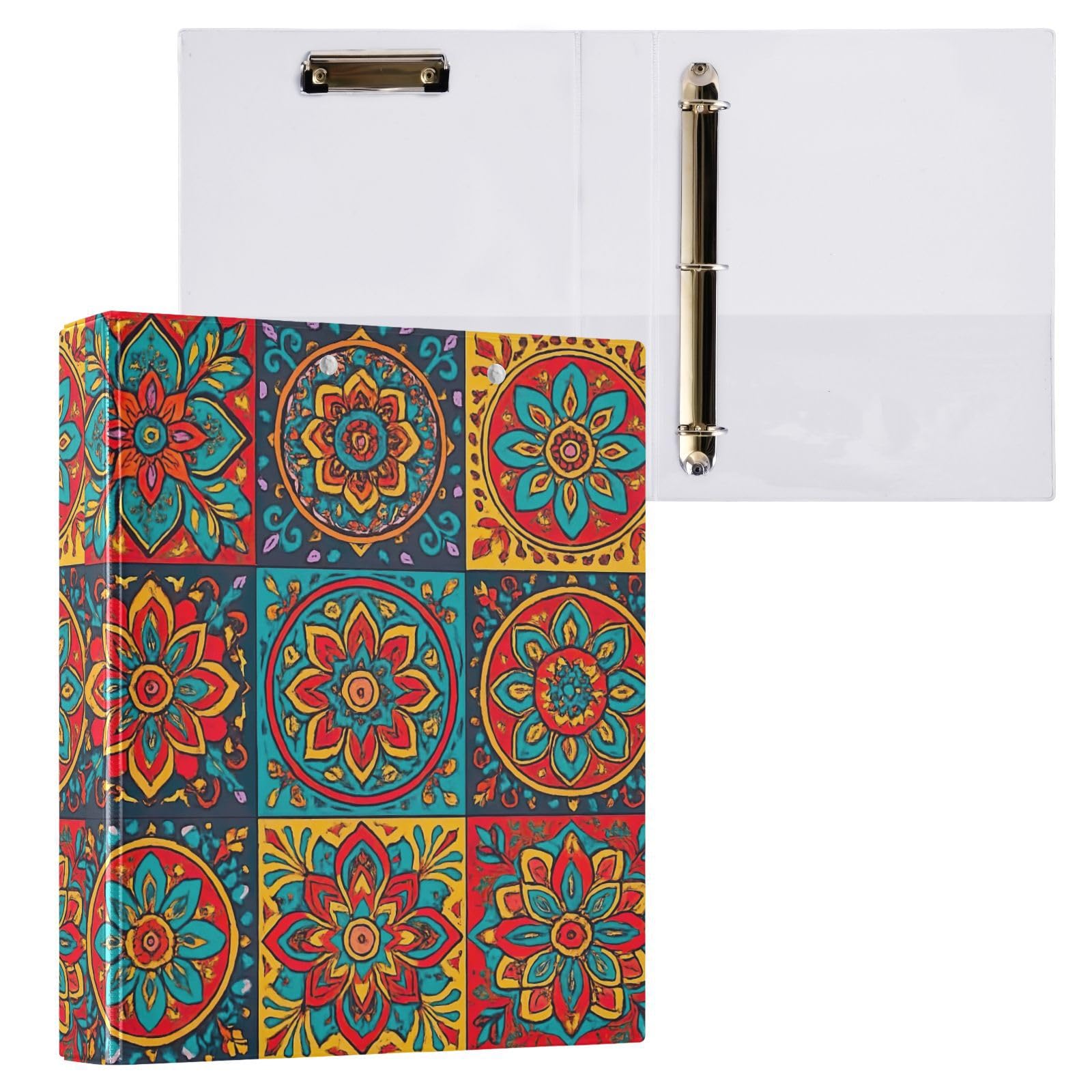 Carpeta colorida de 3 anillos bohemios con diseño floral de mandala de 1.5 pulgadas, carpeta de anillos en D, paquete de 2 | Con portapapeles y bolsillos, para escuela, universidad, oficina