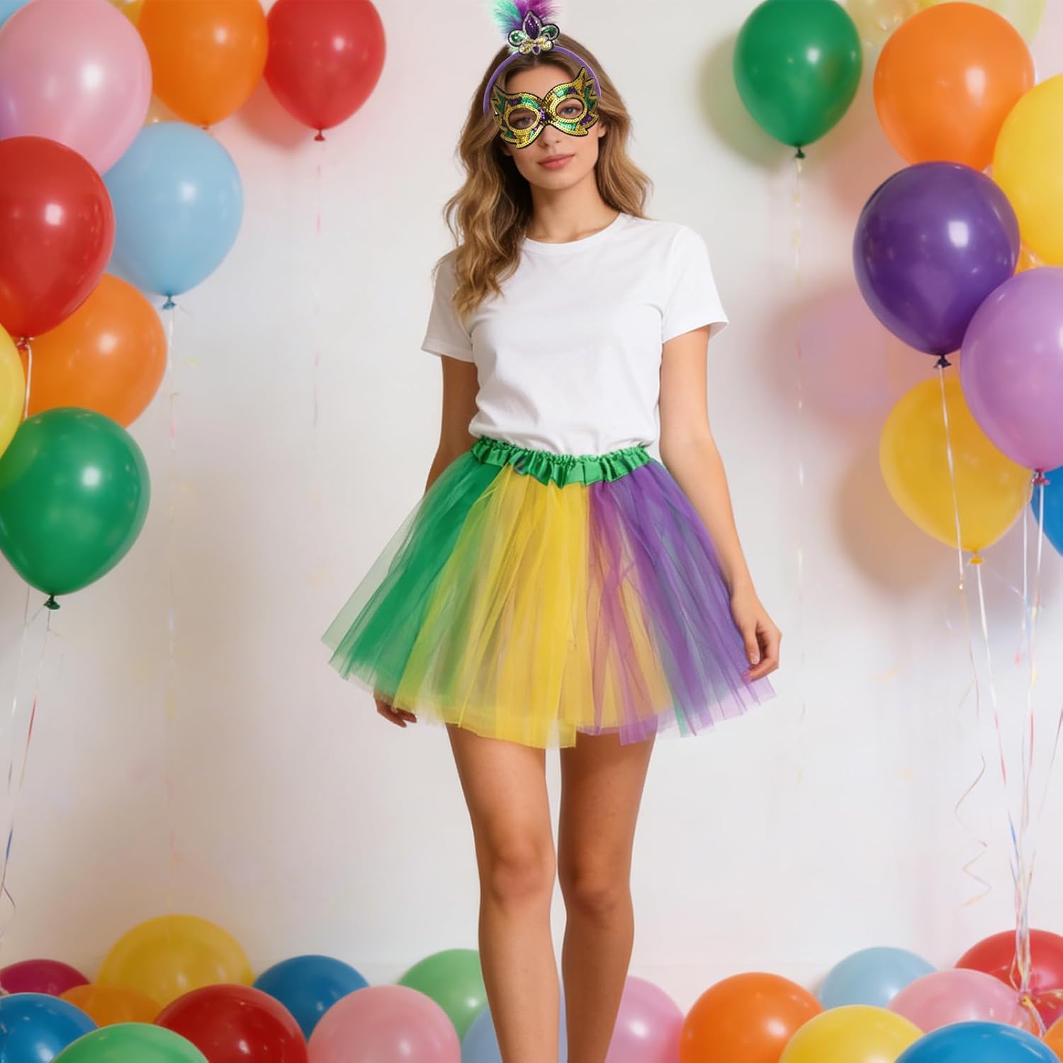 6 Pcs Mardi Gras Outfit for Women 2 Sets - Mardi Gras Accessories Include 2 Tutu Skirts, 2 Feather Headbands, 2 Sequin Masquerade Masks - Green Purple Yellow Fat Tuesday Costumes for Parade - Image 6
