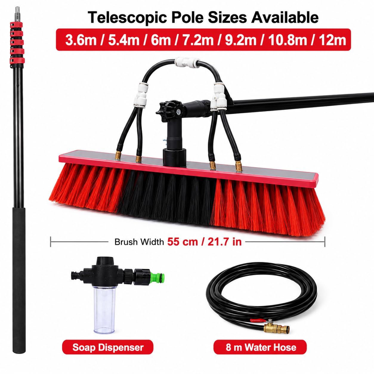 Cepillo de limpieza telescópico alimentado por agua con dispensador de jabón para paneles solares, ventanas, techos, coches, camiones, autobuses, alcance de 10,8 m, cepillo de 35 cm