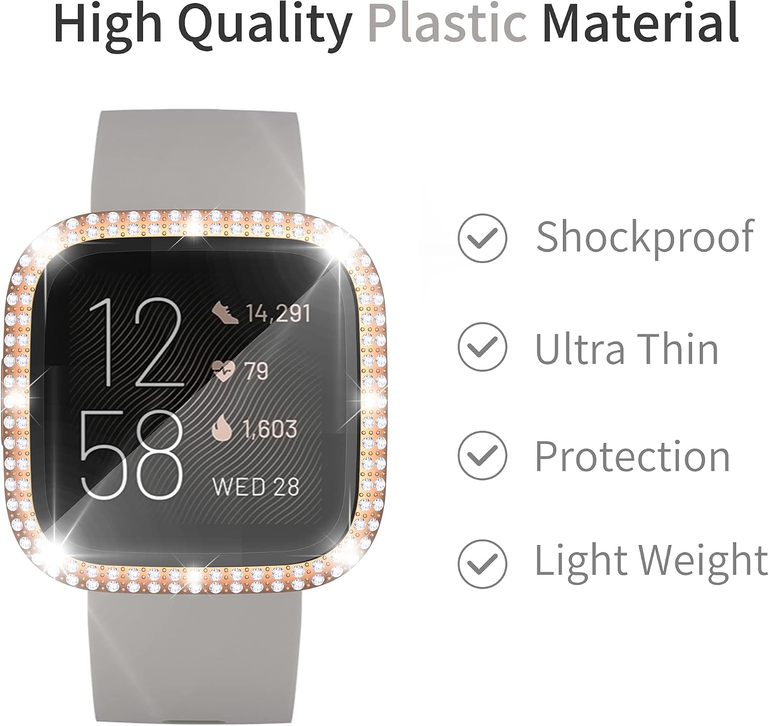 RICHONE Compatible with Fitbit Versa 2 Case, Bling Diamonds Cover with 3D Tempered Glass Screen Protector (Versa 2, Rose Gold)