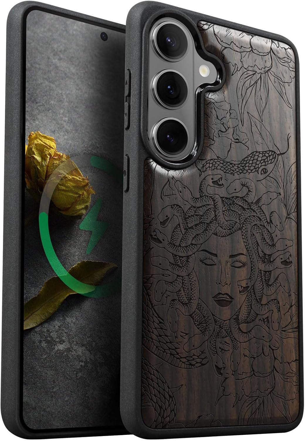 Carveit Magnetic Wooden Case for Galaxy S26+ Samsung S26 Plus Case, TPU Shockproof Cover & Wood Engraved, Compatible with MagSafe Wireless Chargers (Medusa Enigma) Rosy