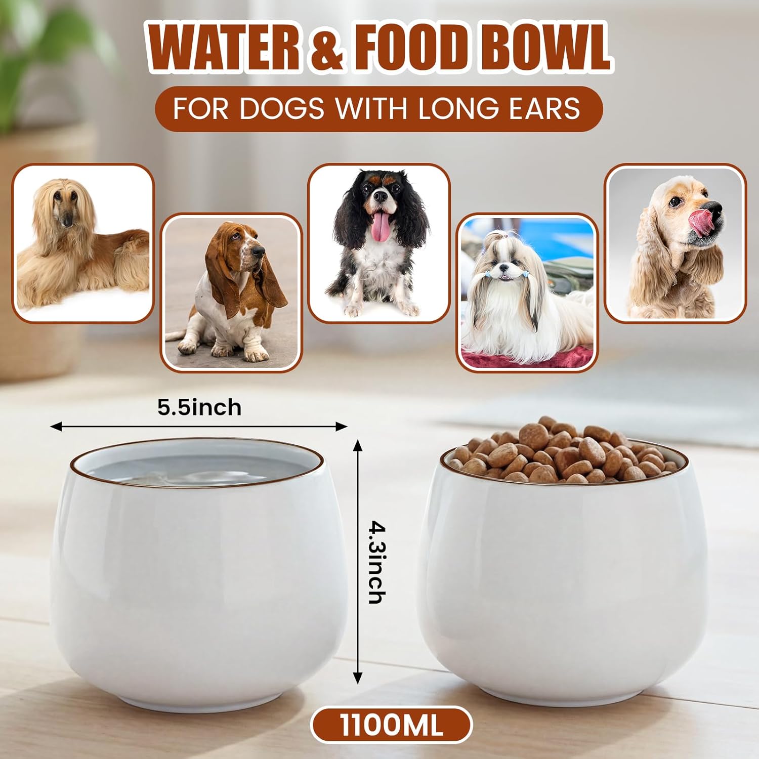 1 Pack 37 oz Ceramic Dog Bowl for Large Dogs with Long Ears No Spill Water & Food Pet Bowl Cocker Spaniel Beagle Bassett (Moon White)