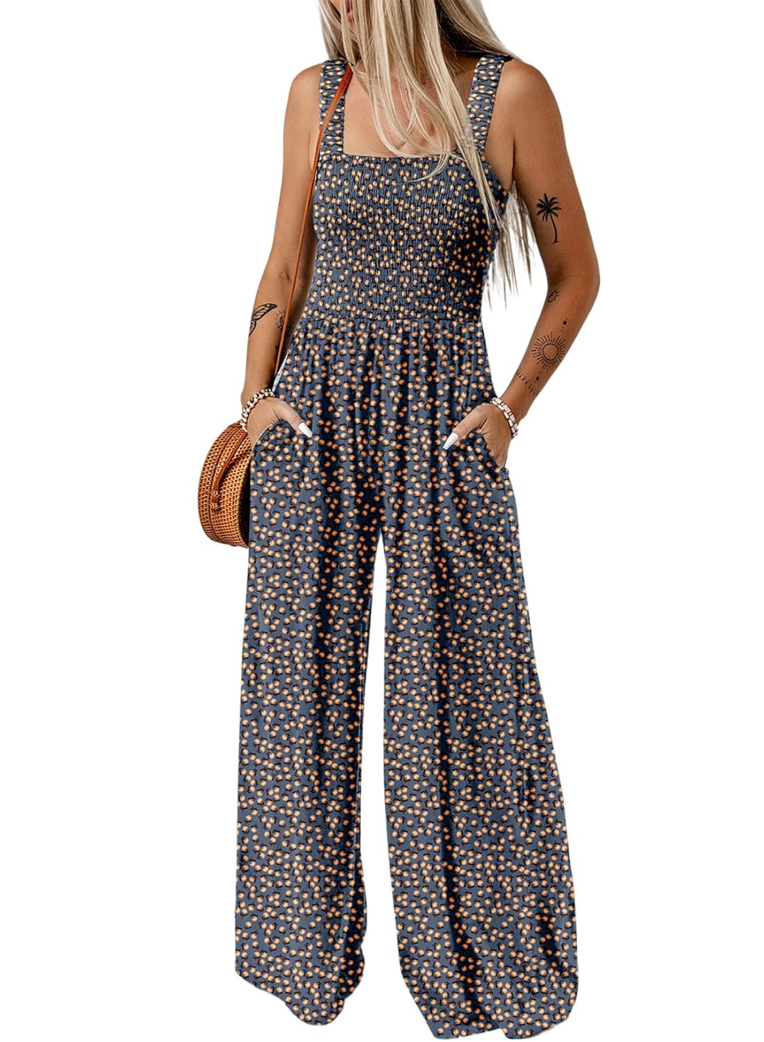 Dokotoo Womens Casual Loose Overalls Jumpsuits One Piece Sleeveless Printed Wide Leg Long Pant Rompers With Pockets