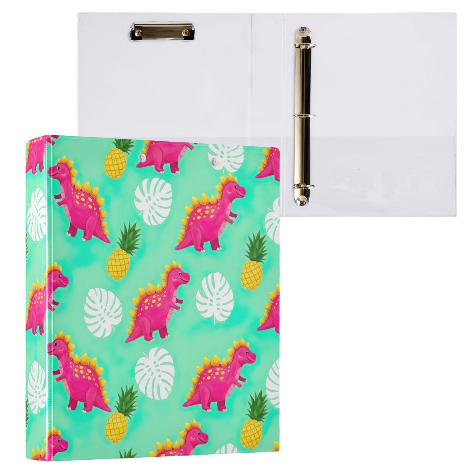 Confezione da 2 raccoglitori ad anelli con 3 anelli, motivo dinosauri rosa, con tasche, grandi, per scuola, università, ufficio