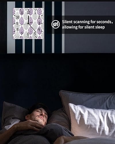 Miniatura 6 de Reloj de pared de madera con textura de hojas moradas y grises, silencioso, sin tictac, hojas de arte abstracto gris, reloj de pared cuadrado que