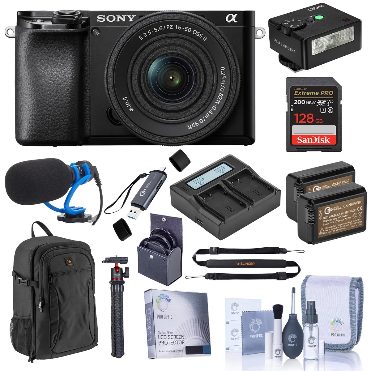 Sony Alpha a6100 Mirrorless Camera with 16-50mm f/3.5-5.6 Lens, Bundle with iM30 Mini Flash, MT-11 Tripod, 128GB SDXC Memory Card and 2X NP-FW50 Battery