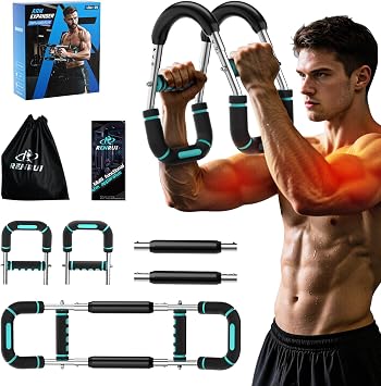 Twister Arm Trainer Chest Workout Equipment for Men & Women, Adjustable 5 Resistance 40-130 lbs Home Gym Strength Trainer with Anti-Slip Handles & Carry Bag Blue&Sliver