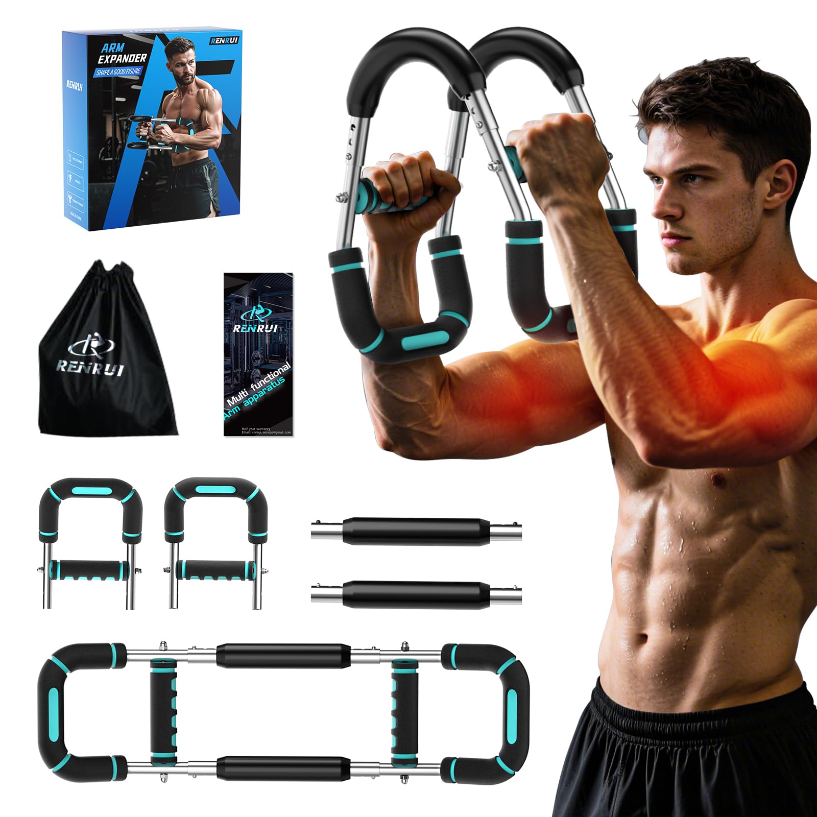 RENRUI Twister Arm Trainer Chest Workout Equipment for Men & Women, Adjustable 5 Resistance (40-130 lbs) Home Gym Strength Trainer with Anti-Slip Handles & Carry Bag (Blue&Sliver)