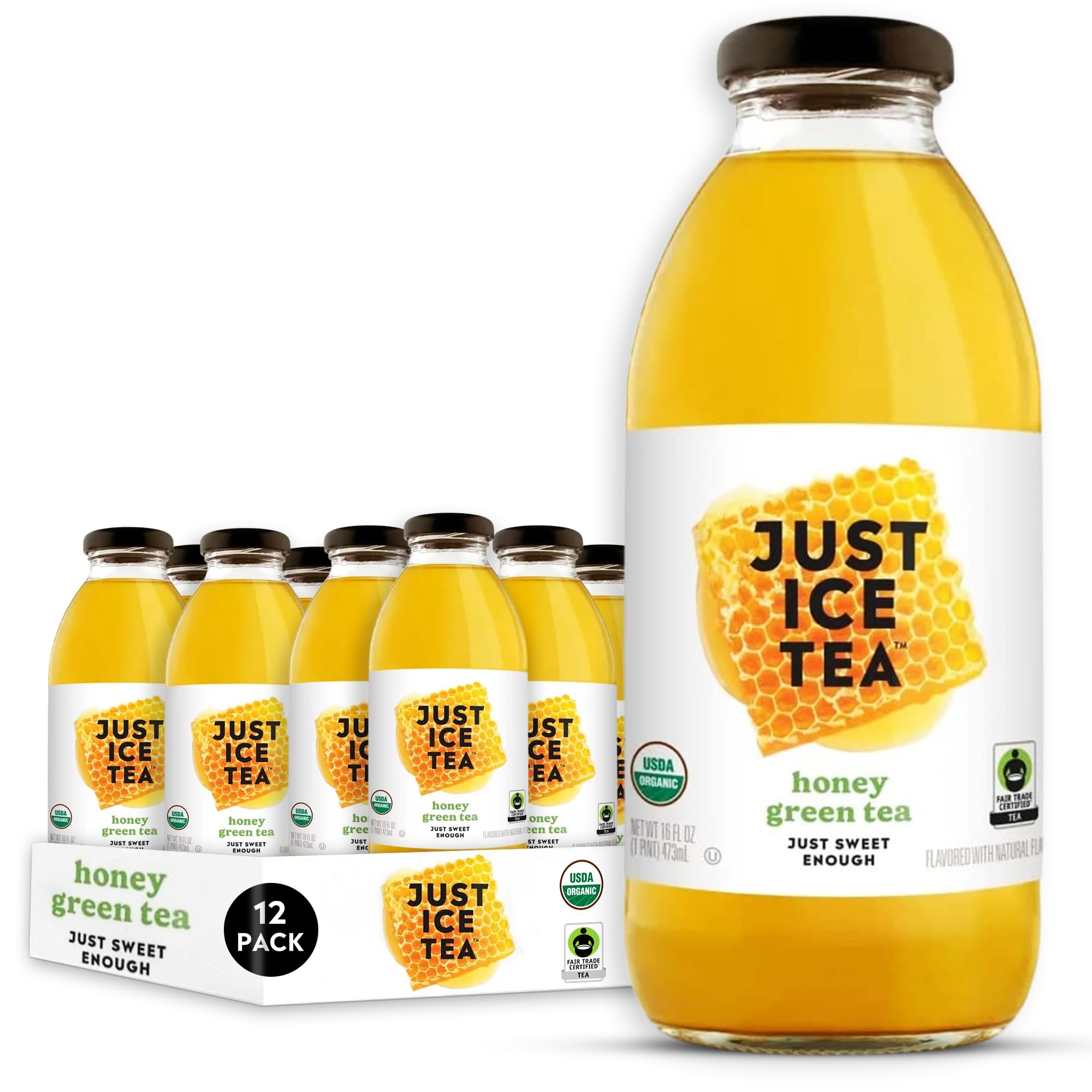 Just Ice Tea Organic Iced Tea, 16 Fl Oz Glass Bottles (Honey Green Tea, Pack of 12)USDA OrganicFair Trade CertifiedFair Trade CertifiedFair Trade Certified