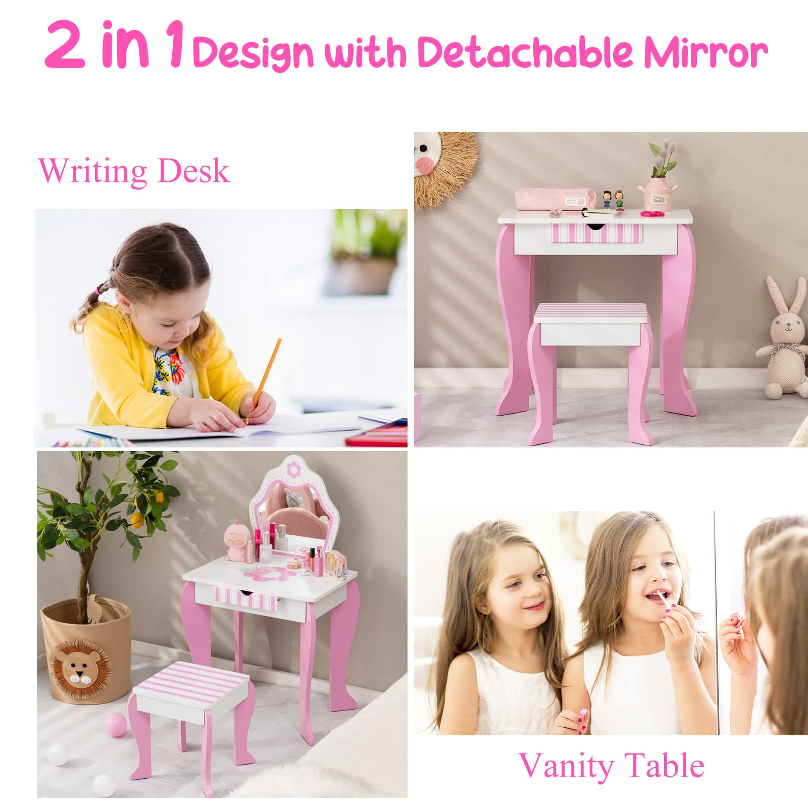 Toeletta Unicorno Per Bambini LIFEZEAL - Con Specchio, Sgabello E Cassetto, In Legno, Rosso - Foto 5