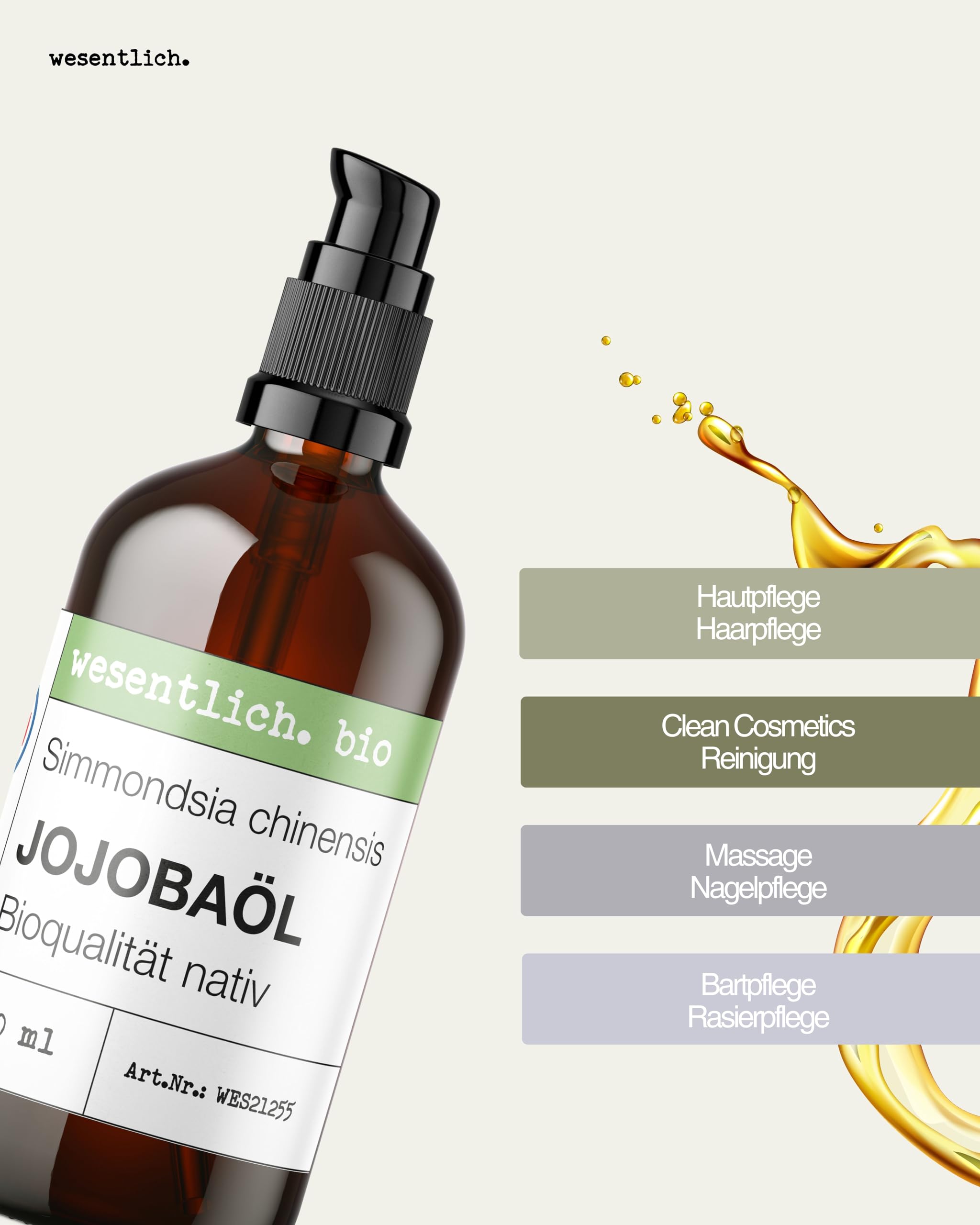 wesentlich. Bio olejek jojoba tłoczony na zimno | 100% czysty i naturalny | czysta pielęgnacja i oczyszczanie twarzy, skóry i włosów | butelka z brązowego szkła 100 ml