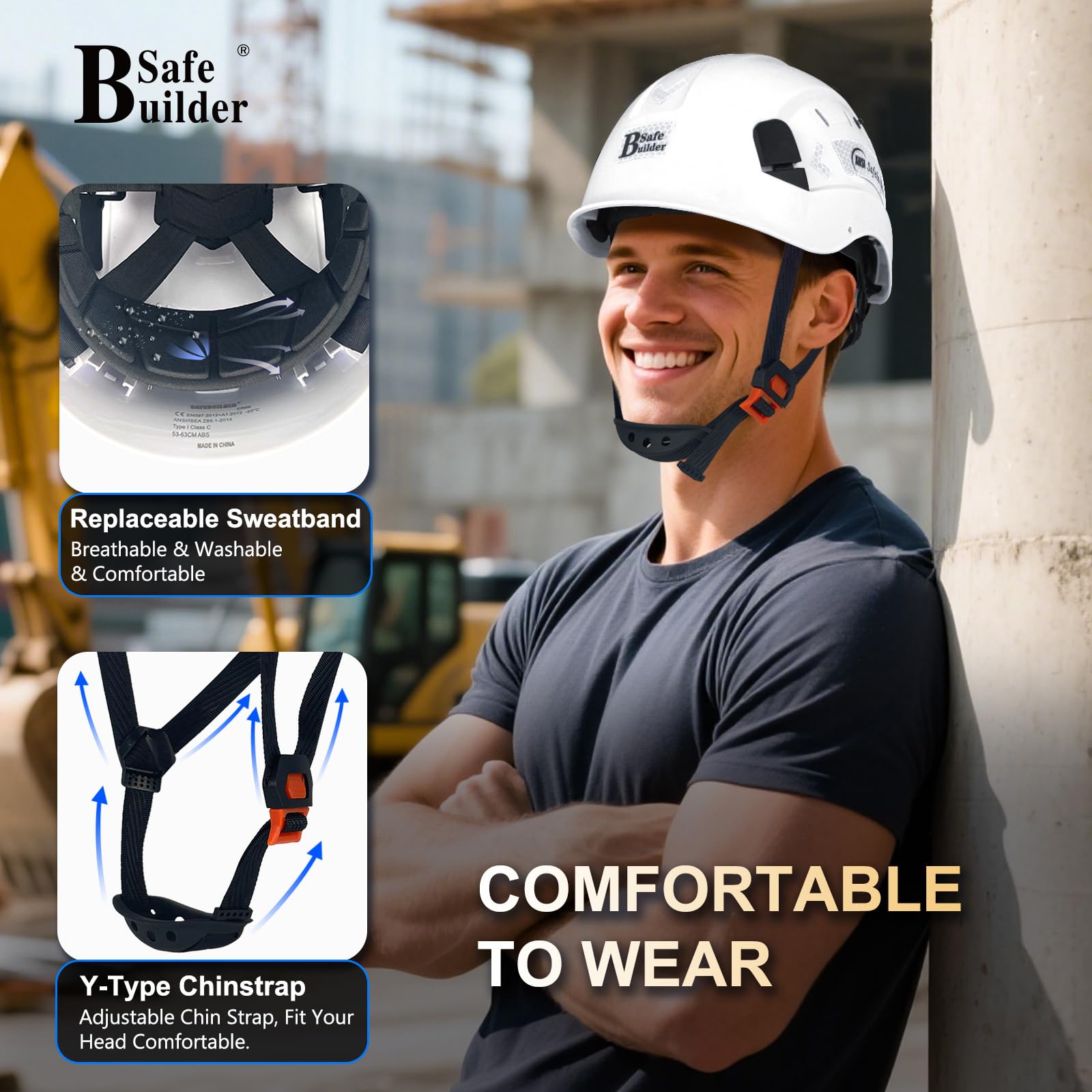 SAFEBUILDER CR06 Casco de seguridad de construcción ABS con sistema de ventilación ajustable, aprobado por OSHA, protección de cabeza de trabajo industrial para hombres, certificado ANSI/ISEA Z89.1