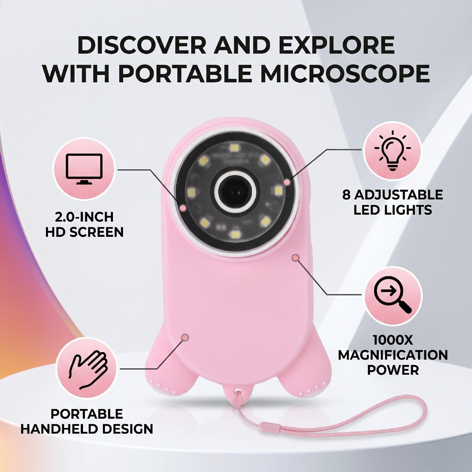 Naroote Microscopio Portatile, Microscopio Digitale con Schermo HD da 2.0 Pollici, Ingrandimento 1000x, 8 Luci LED, 3 Livelli di Luminosità Regolabili, per la Scuola all'Aperto (PINK)