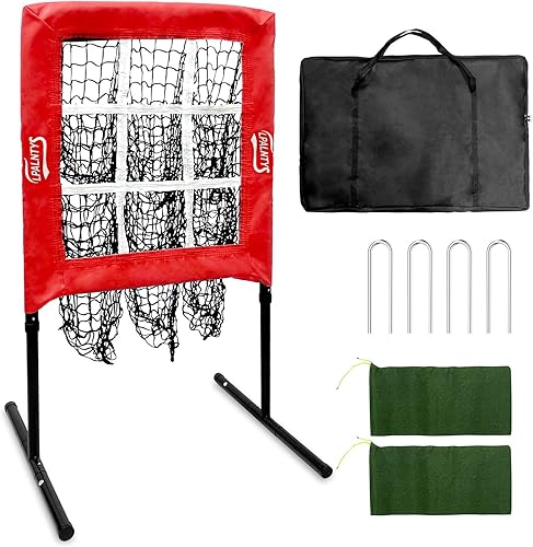 Baseball Pitching Net, 9 Hole Pitching Net with Strike Zone, 5 Height Adjustable Throwing Trainer, Heavy Duty Baseball Softball Net with Carry Bag