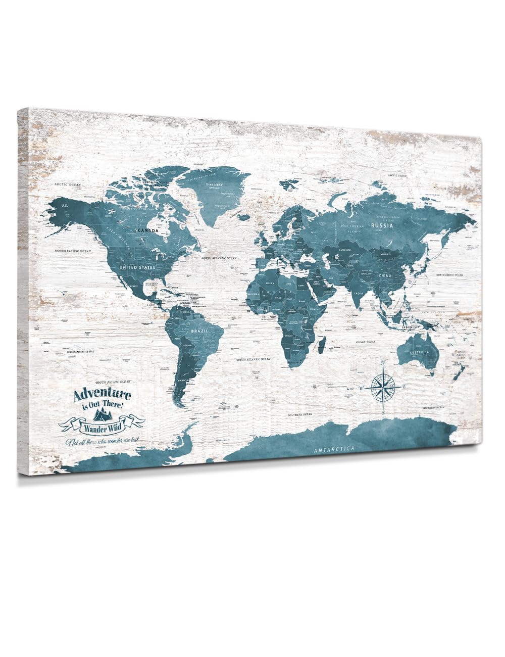 IPIC Vintage Teal World Maps for Wall, World Map Canvas, Size 24x16 in