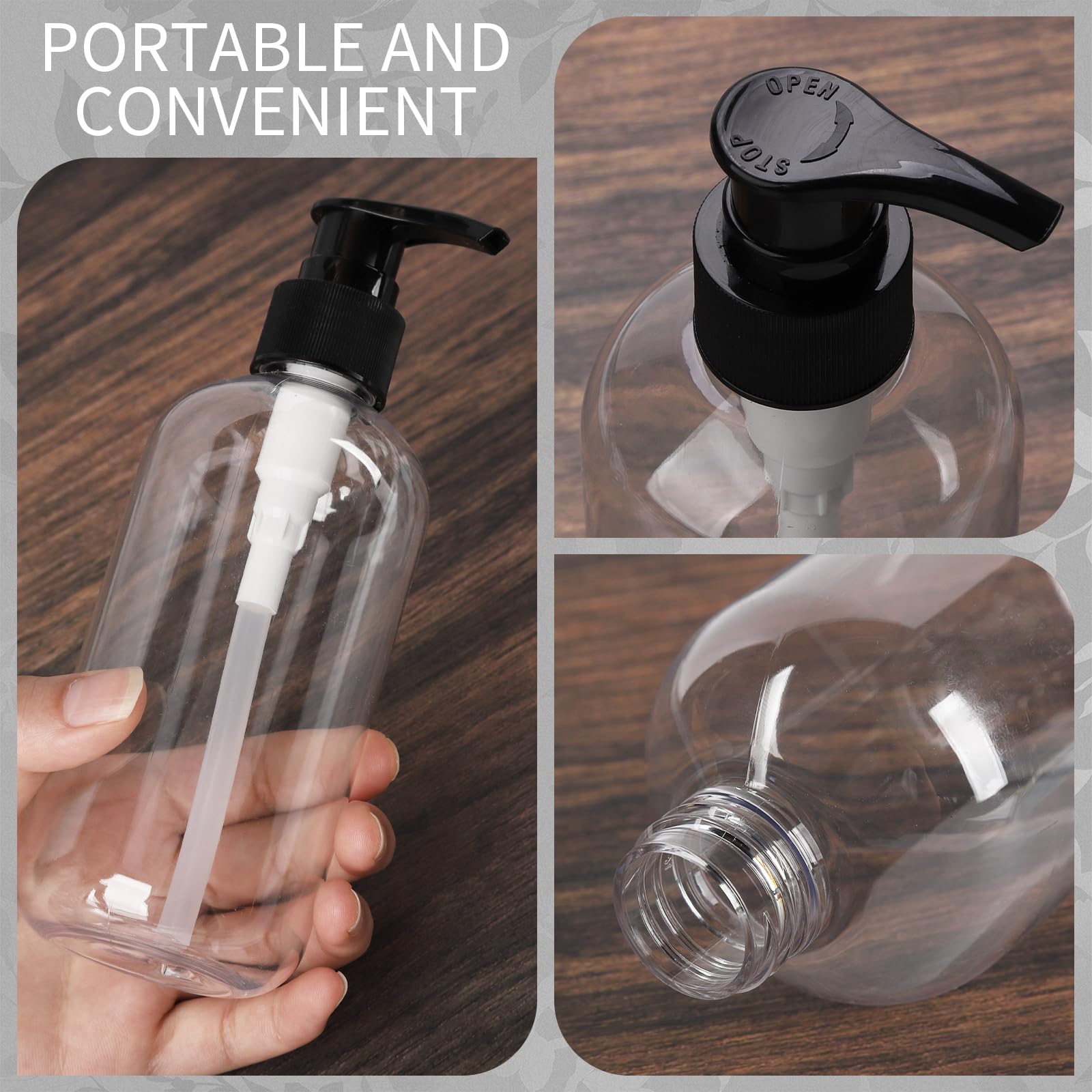 15 bottiglie vuote da 241 ml, dispenser in plastica trasparente ricaricabili, per shampoo, lozioni, sapone per le mani, bagnoschiuma, olio, idratante, contenitori per liquidi da viaggio