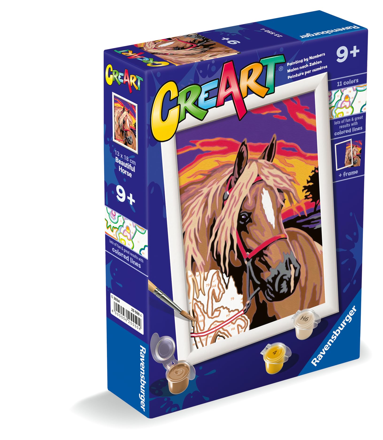 Ravensburger - CreArt E Series Classic: Romantyczny koń, zestaw do malowania według numerów, zawiera wstępnie wydrukowaną deskę, pędzel, kolory i akcesoria, kreatywna gra dla chłopców i dziewcząt w