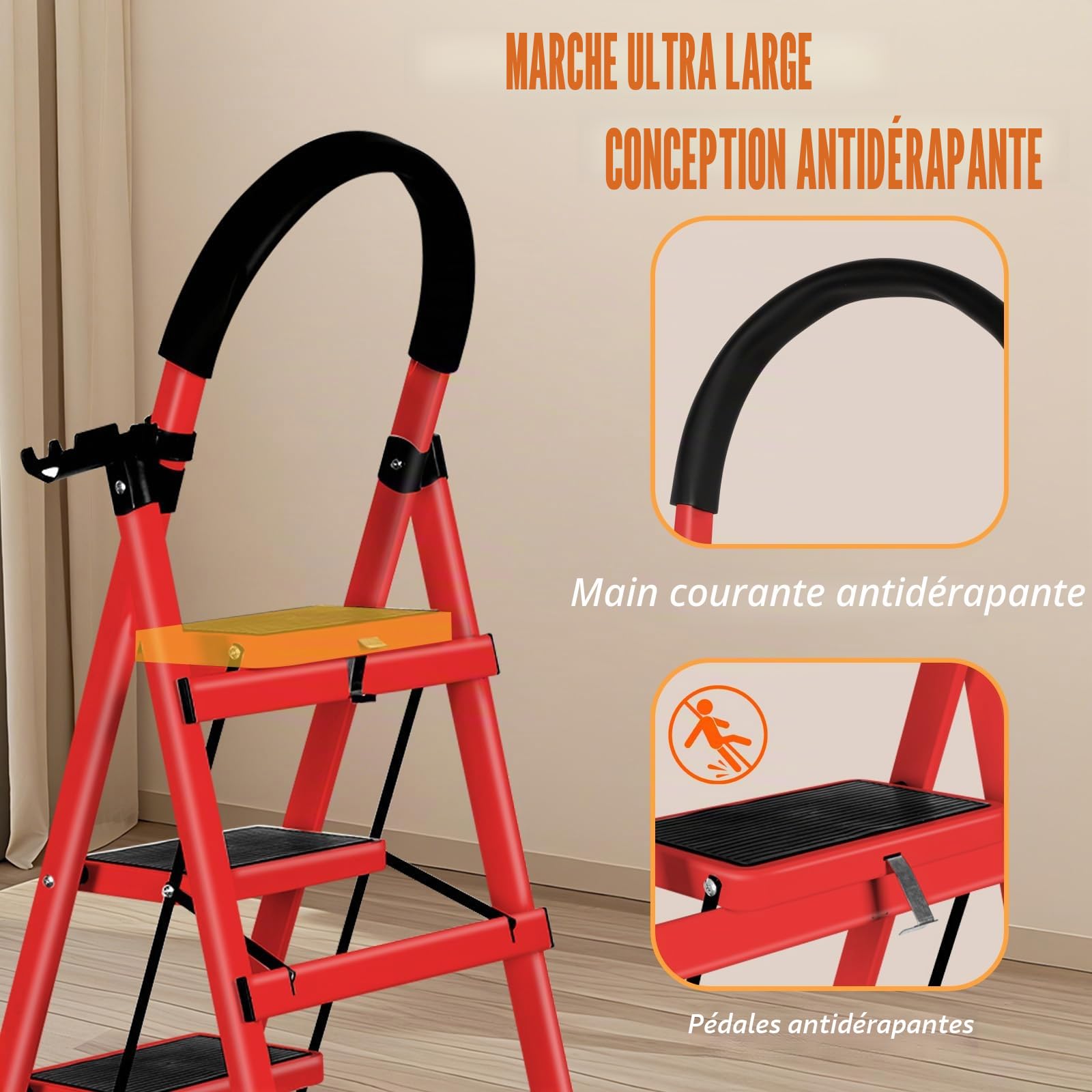 Escabeau Ménager 3 Marches en Aluminium avec Mains Courantes 150 KG Escabeau en Aluminium Echelle Multifonctions pour Maison et Bureau-104 x 57 x 41,5 cm - 3 marches (Rouge)