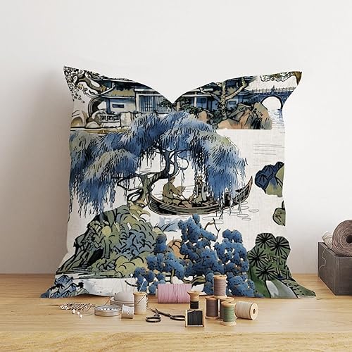 Vista 385 de ArogGeld Chinoiserie - Fundas de almohada escénicas asiáticas, estilo asiático, funda de almohada azul y verde Kelly, funda de cojín para decoración