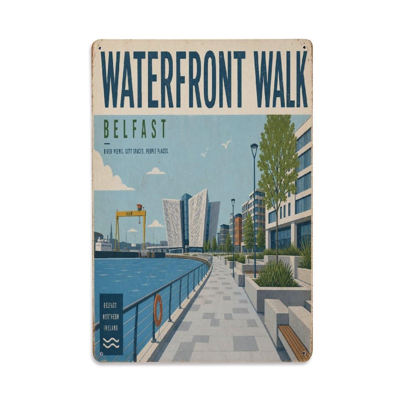 Belfast Lagan River Ireland Waterfront Heritage Metal Tin Sign Plaque Wall Decor for Cafe, Man Cave, Club Bar, Office, Home Garden Round Metal Poster 8x12Inch