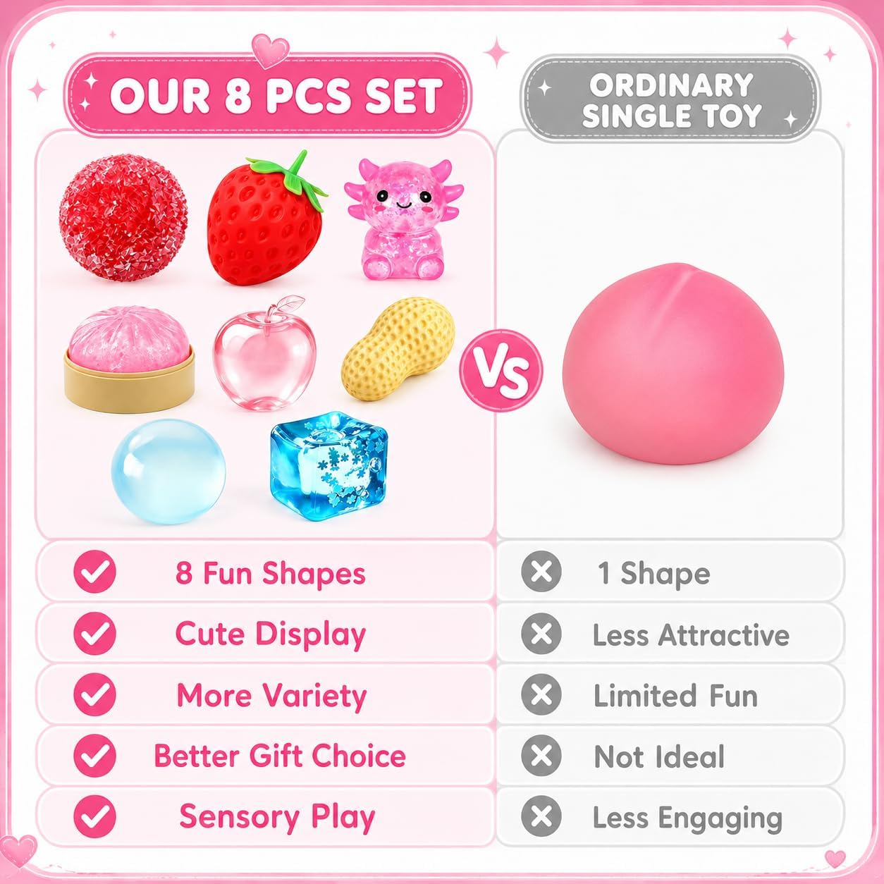 8 Pack Squishy Fun Box, Squishy Squeeze Toys with Apple Axolotl Strawberry Peanut Coconut Oil Assorted Designs, Sensory Stress Relief Fidget Toys, Party Favors for Adults