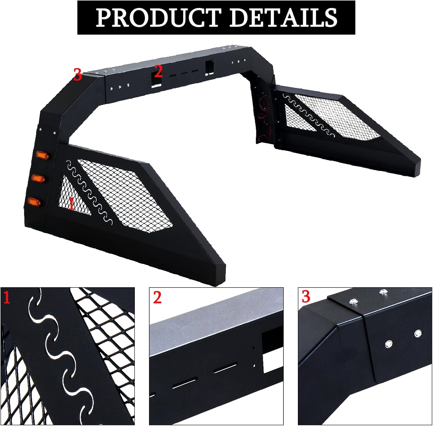 Universal Truck Bed Chase Rack Roll Bar, Adjustable Roll Bars with 6 Amber Side Marker Lamps, Universal Fit for Pickup Trucks, Toyota Tundra, Black