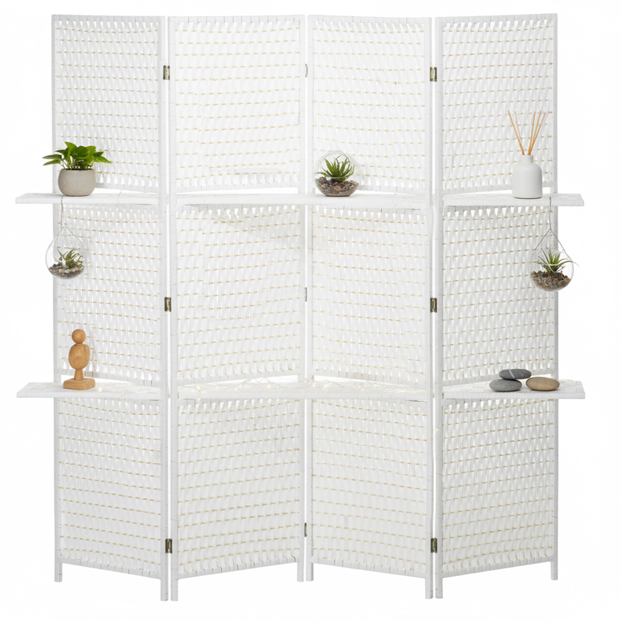 HOMCOM Paravento 4 pezzi, 181 x 180 cm, divisorio pieghevole, in legno di pino, bambù, con 2 ripiani, separatore autoportante, per camera da letto, soggiorno, ufficio, bianco