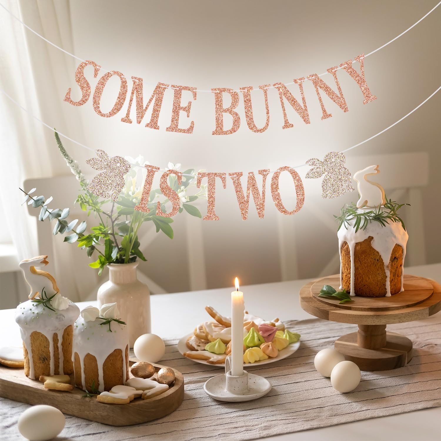 Mis Quince Rose Gold Bunny 2nd Birthday Banner, Easter Theme Birthday Party Decor