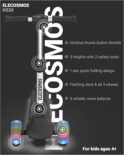 Miniatura 3 de Patinete eléctrico plegable para niños de 3 a 12 años, acelerador de pulgar, cubierta flash y 3 ruedas grandes extra anchas con luz, 3 alturas