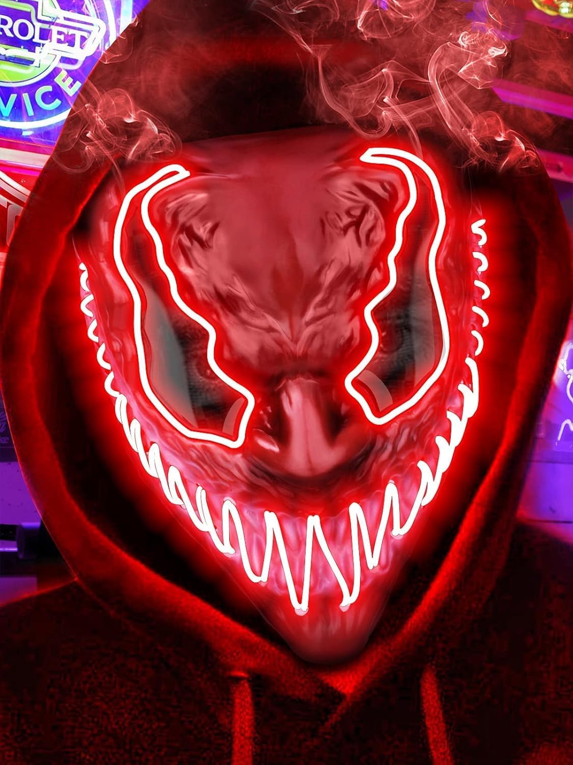 LED Halloween Mask,Neon Light Up Mask with Dark and Evil Glowing Eyes 3 Lighting Modes, Halloween Scary Mask for Adults Kids Cosplay Costume Party Carnival Gift for Men Women
