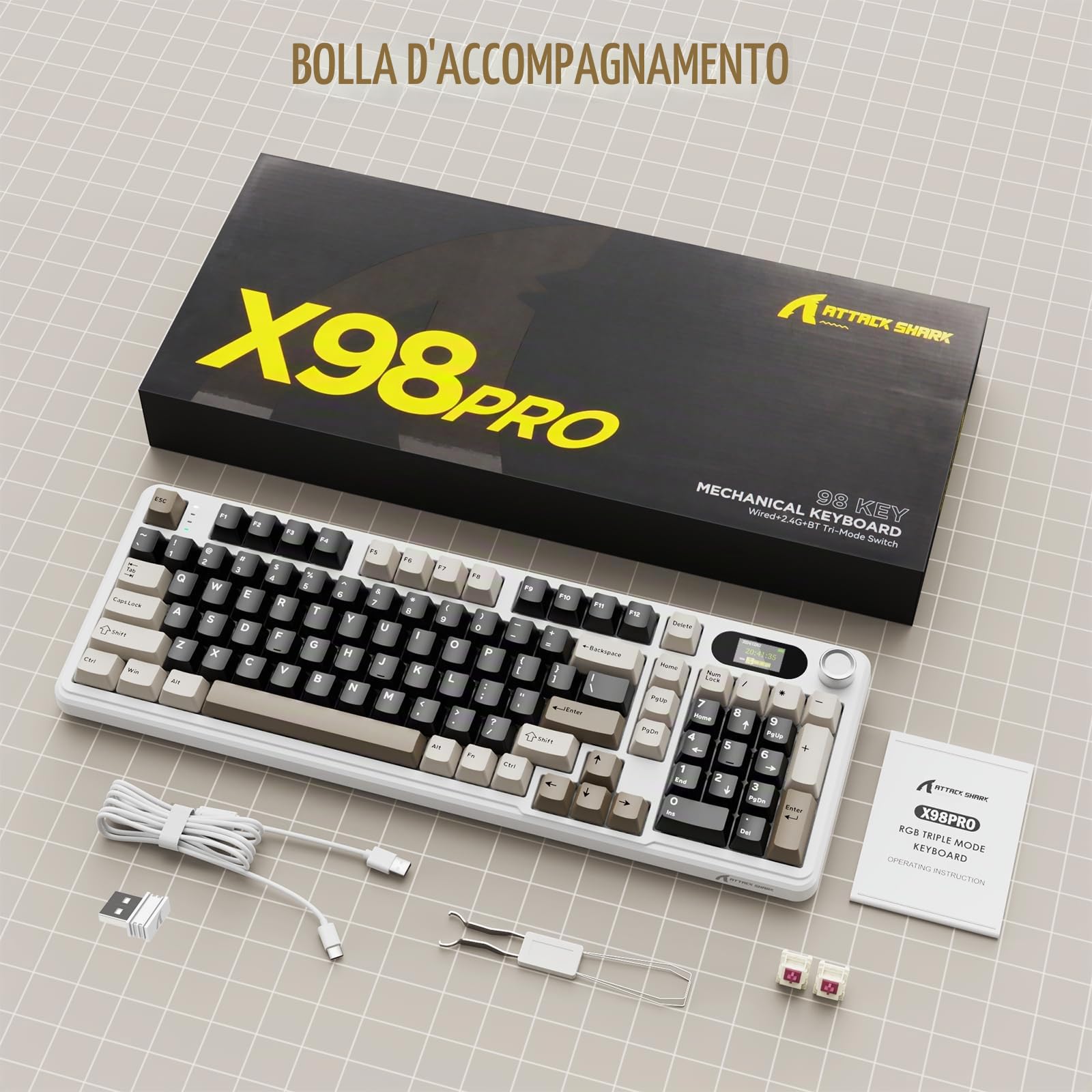 MAMBASNAKE × ATTACK SHARK X98 Pro Tastiera Gaming Wireless 96%, Display LED & Manopola, BT/2.4G/USB-C, Tastiera Meccanica RGB QWERTY, PBT Side-Printed, Hot-Swappable Gasket, 4000mAh(Bianco Marrone)