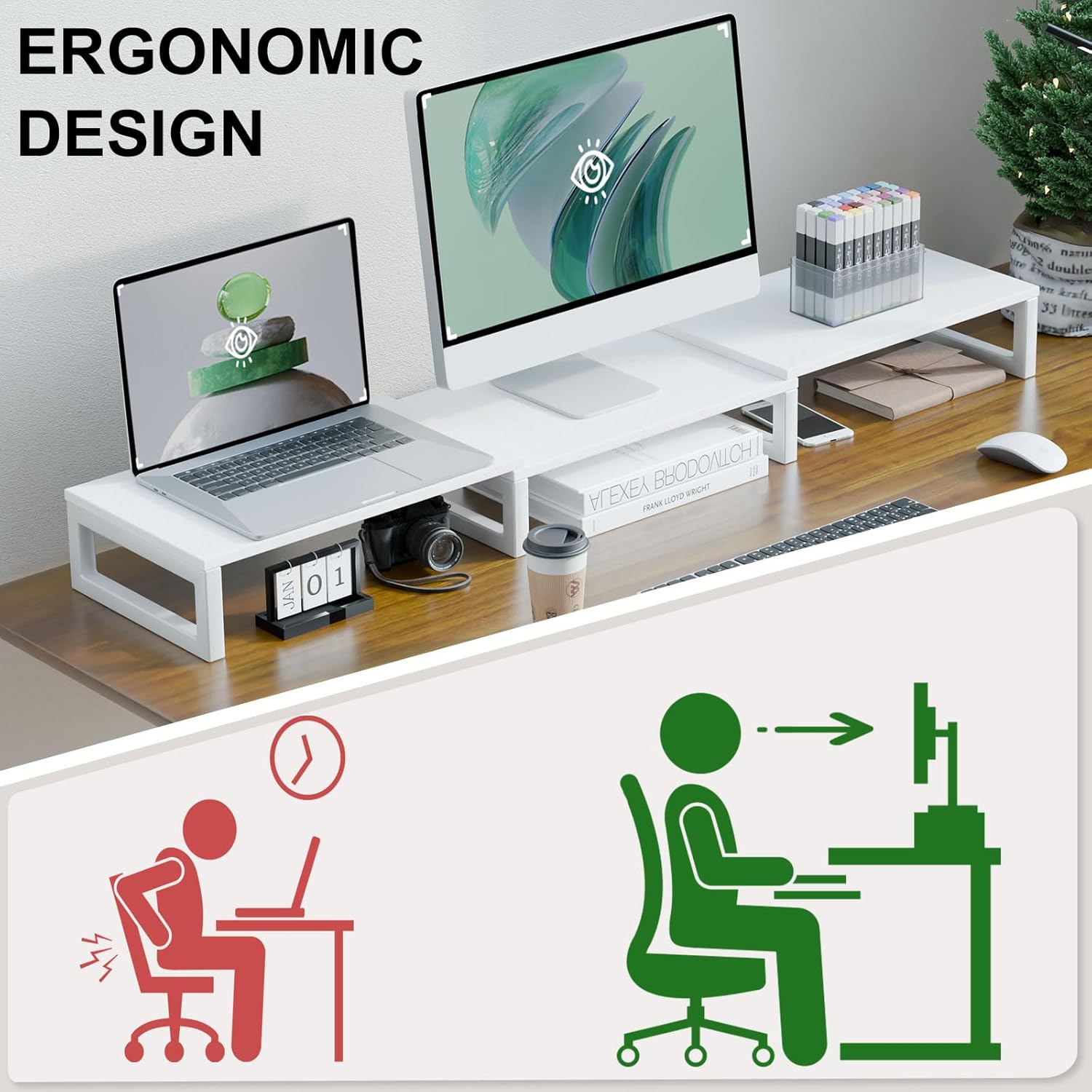 TEAMIX Desk Organizer Dual Monitor Stand Riser, Adjustable Computer Stand 45.5'' Long Desktop Shelf Office Organizer for Laptop,Printer,File,Keyboard Storage Ergonomic Design (White)