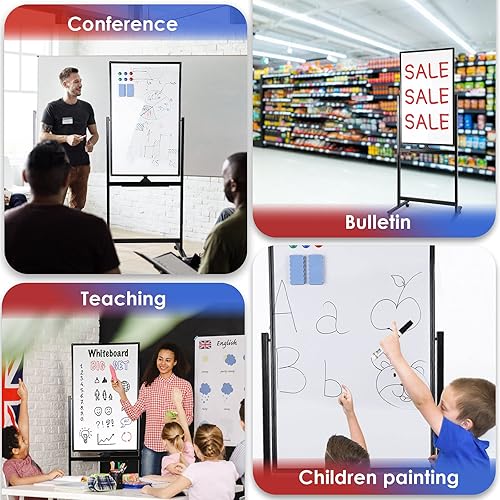 Miniatura 7 de Pizarra blanca móvil, 40 x 24 pulgadas, pizarra blanca reversible de doble cara sobre ruedas, soporte rodante, marco de caballete portátil para