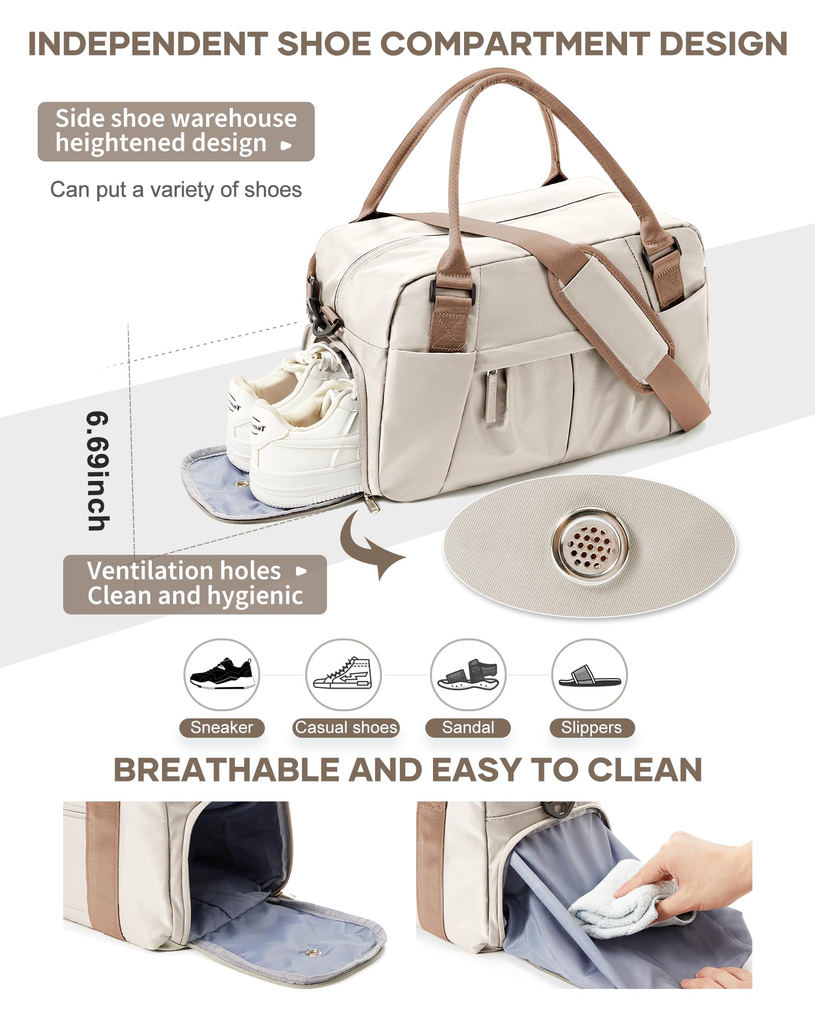 Borsone da Viaggio Donna, 40x20x25 Ryanair Bagaglio a Mano Borsa da Viaggio con Scomparto per le Scarpe, Borsa Sportiva Borsone da Palestra Grande, Borsa da Weekend,Borsa per Ospedale J1-Marrone beige